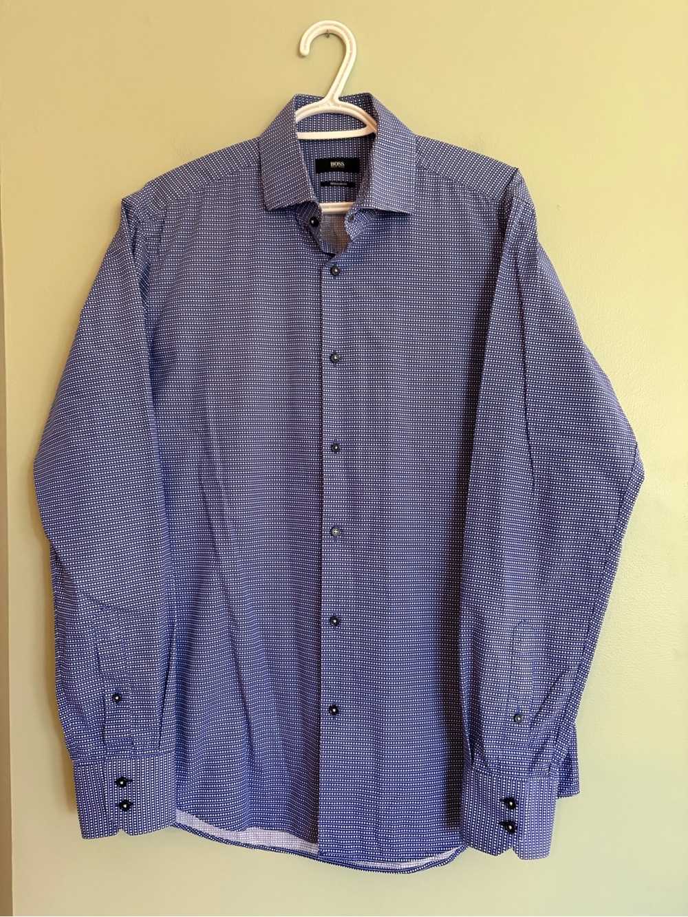BOSS Hugo Boss Men Shirt Regular Fit 39 15.5 M Blue Diamond Micro Print Italy